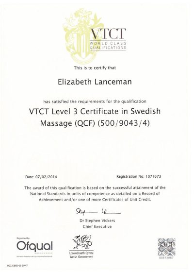 VTCT Level 3 Certificate in Swedish Massage, Elizabeth Lanceman